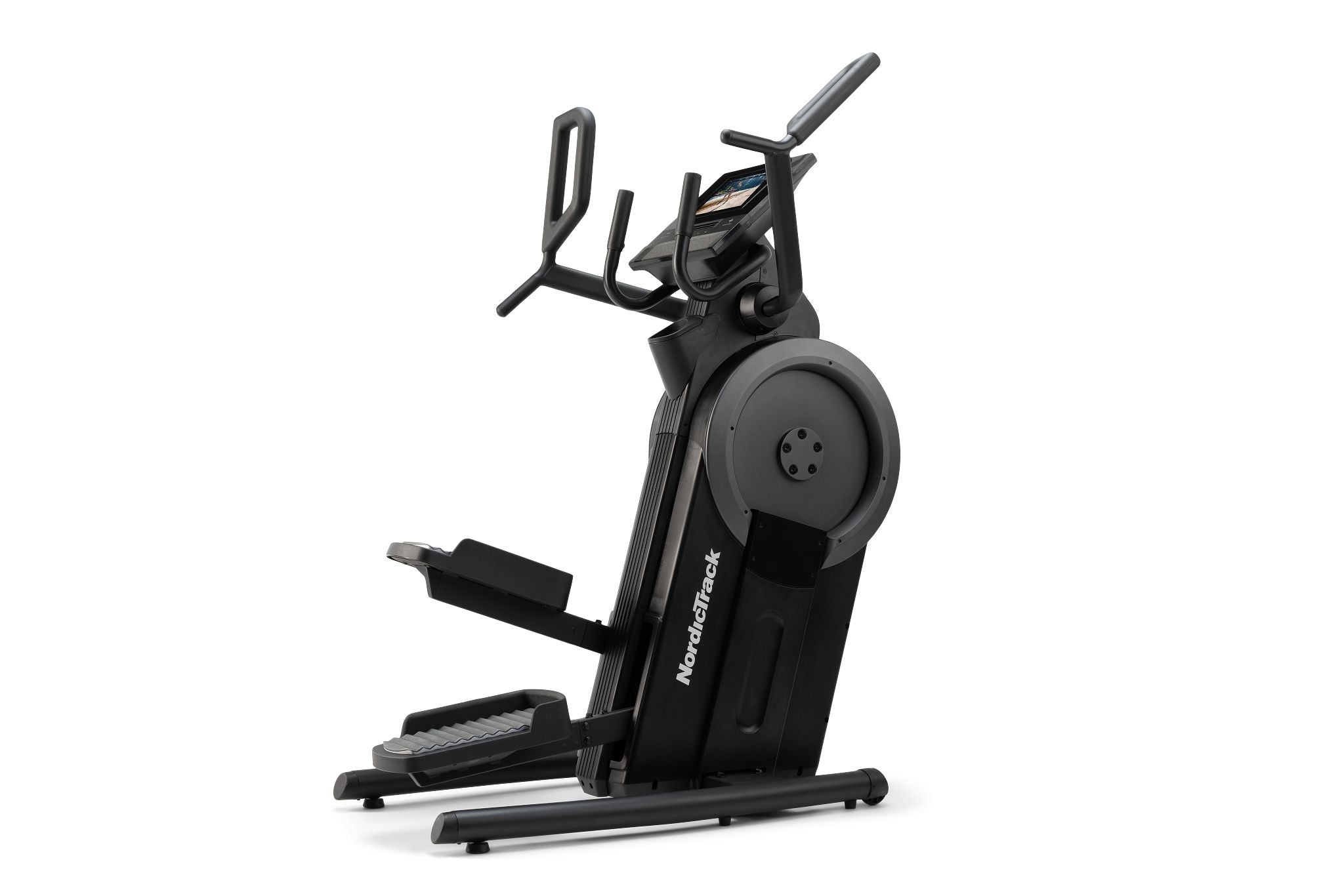 Black NordicTrack elliptical machine on a white background